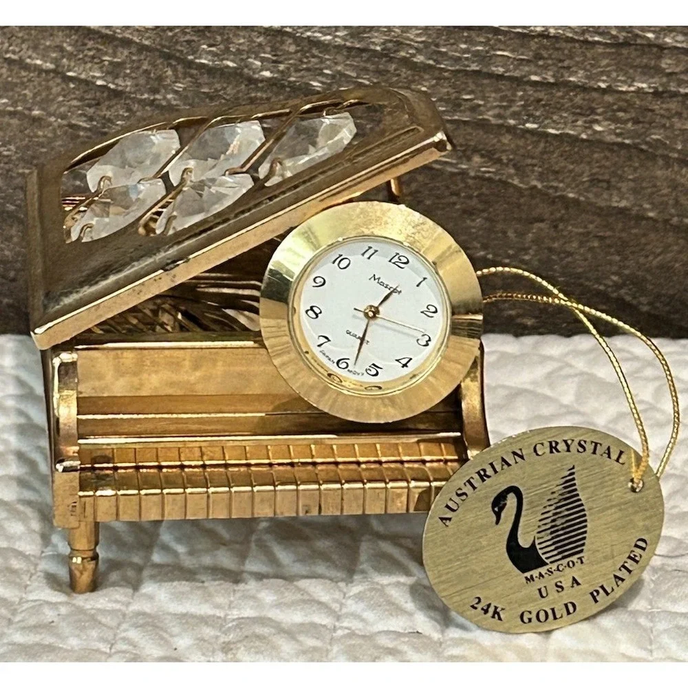 Vintage 24K Gold Plate Austrian‎ Crystal Grand Piano Figure Mascot W/clock